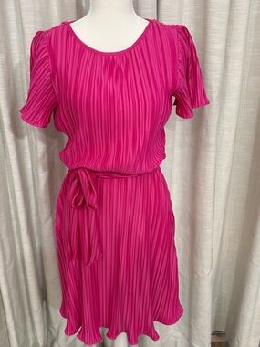 DKNY Pleated Midi Dress in Fuchsia Pink